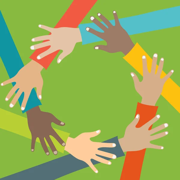 チームワークの概念 団結とチームワーク トップビューを示す手のスタックを持つ友人 若い人たちが手を合わせている 平面ベクトル図 — ストックベクタ