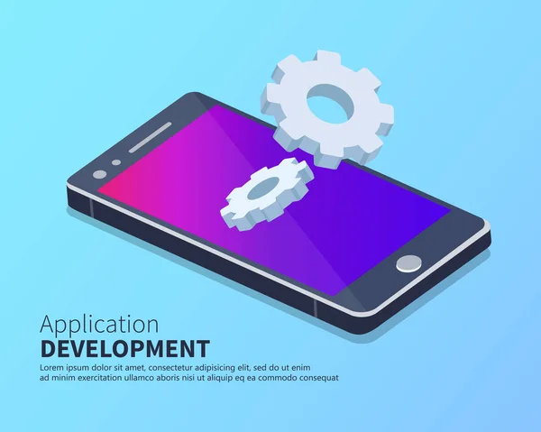 Mobile Application Mobile App Development Isometric Concept Flat Vector Illustration — Stock Vector