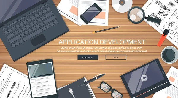 Mobile Applications Concept Office Desk Equipment Application Development Concept Flat — Stock Vector