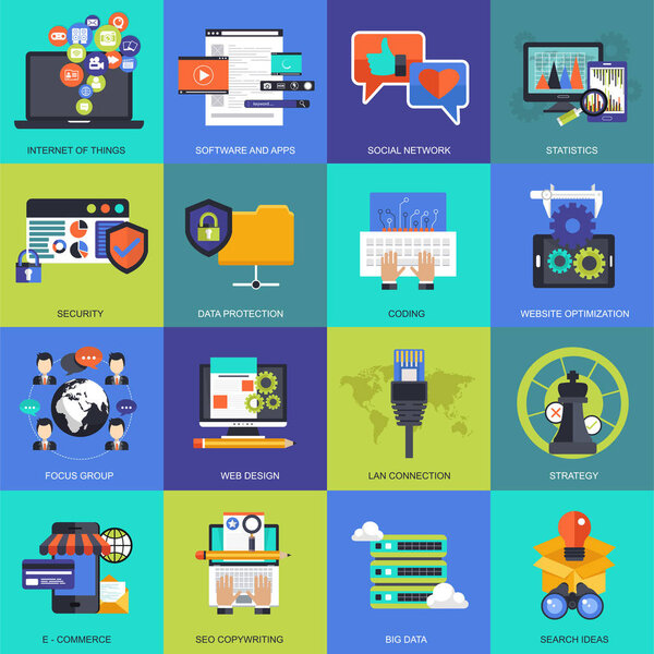 Colorful icon set for business, management, technology and finances. Flat objects for websites and mobile applications