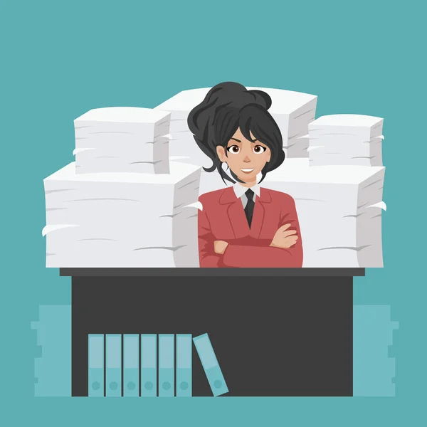Businesswoman sitting around pile of office papers and documents. Documents and file Routine, bureaucracy, big data, paperwork, office. Vector illustration in flat style.
