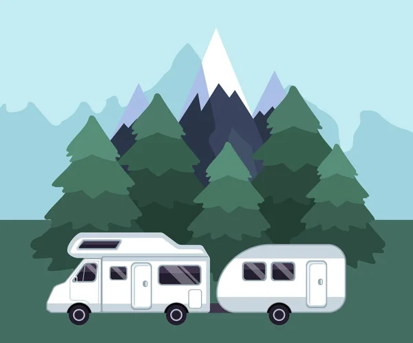 Camping travel landscape. Camping van on a camping site. Road trip concept. Flat vector illustration