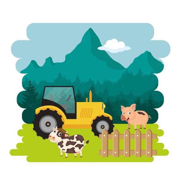 农场现场的动物 自然和国家概念 牛和猪站在拖拉机旁边 平面矢量插图 — 图库矢量图片