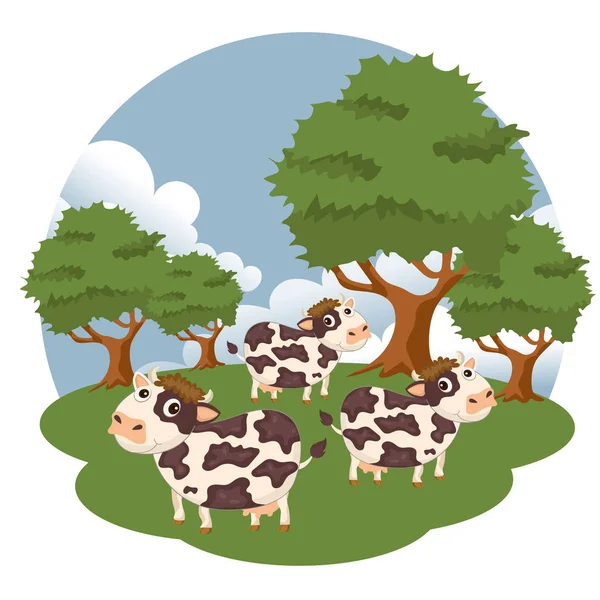 農場のシーンの牛 健康的な生活と食べ物のためのコンセプト オーガニック食品 フラットベクトルイラストレーション — ストックベクタ