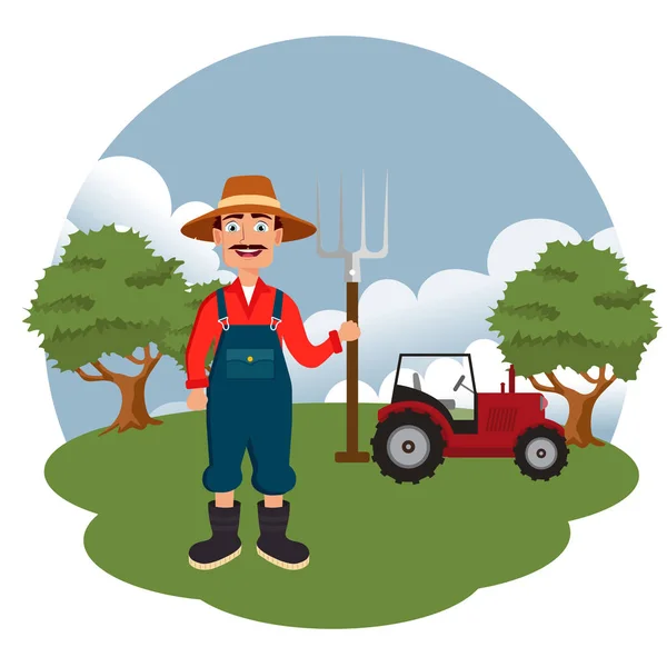 Agricultor Escena Granja Ilustración Vectorial Plana — Vector de stock