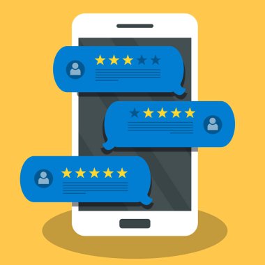 Geri bildirim kavramı, ifadeler, mesajlar ve bildirimler. Cep telefonundaki konuşma baloncukları, değerlendirme dereceli, düz stil akıllı telefon yıldızları iyi ve kötü oranda ve mesajla yorumluyor. Düz vektör.