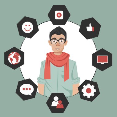 Müşteri ilişkileri yönetimini sunan adam. Mevcut ve gelecekteki müşterilerle etkileşimleri yönetmek için sistem. Düz vektör çizimi.