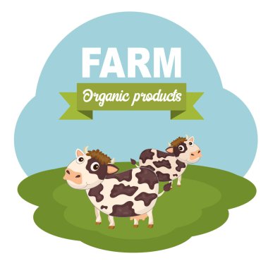 Çiftlik sahnesindeki inekler. Doğa, ülke ve sağlıklı yaşam ve gıda kavramı. Organik gıda. Düz vektör çizimi
