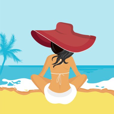 Sahilde oturan kadın. Tatil, tatil ve seyahat için kavram. Yaz saati. Düz vektör çizim