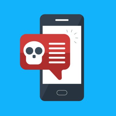 Kötü amaçlı yazılım bildirim Smartphone cep telefonu ile. Kafatası kemikleri kabarcık konuşma kırmızı uyarı, spam veri, dolandırıcılık internet hata iletisi, güvenli olmayan bağlantı, virüs, çevrimiçi dolandırıcılık kavramı ile hareket eden telefon. Düz vektör