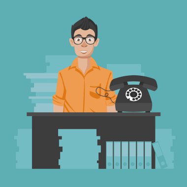 Destek hizmet anlayışı. Ofiste teknik destek asistanı. Düz vektör çizim.