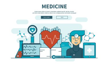 Düz tasarım tıp ve eczacılık uygulaması. Cep telefonu veya duyarlı web sitesi için modern şablon. Vektör İllüstrasyonu