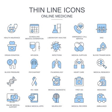 İnce hat sağlık ve tıp, web sitesi ve mobil site ve uygulamalar için ayarlanmış tıbbi ekipman simgeleri. Ambulans gibi Simgeler içerir. Düz vektör çizimi