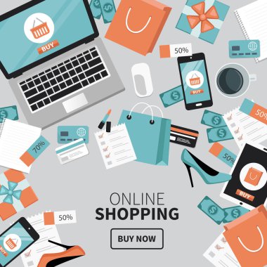 Online alışveriş kavramı. Online mağaza nesneleri ve afiş. Dizüstü bilgisayar, alışveriş torbaları, kredi kartları, hediye ve Kuponlar ile tablo. Düz stil, vektör çizim.