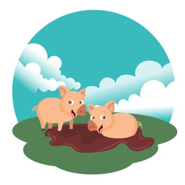 Çiftlik sahnesindedomuzlar. Hayvan çiftliği konsepti. Düz vektör çizimi