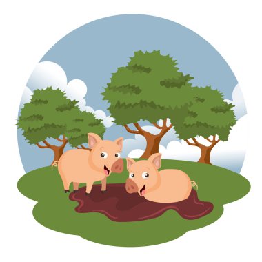 Çiftlik sahnesindedomuzlar. Hayvan çiftliği konsepti. Düz vektör çizimi