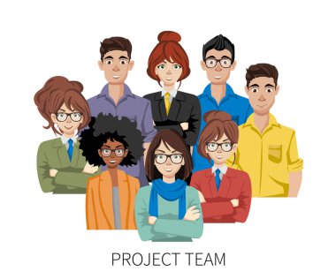 Proje ekibi avatarları. Takım çalışması ve beyin fırtınası konsepti. Ekip konseptimize katılın. Düz vektör çizimi