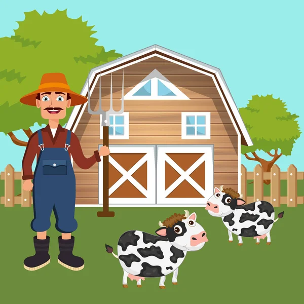 Agricultor Escena Granja Ilustración Vectorial Plana — Vector de stock