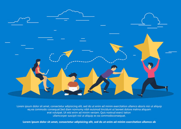 Концепция обратной связи, сообщения отзывов и уведомлений. Рейтинг по показателям обслуживания клиентов. Пять больших звезд с людьми, сидящими на них и дающими отзывы на их ноутбуках. Плоский вектор