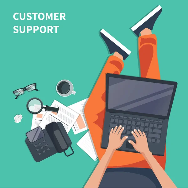 Business customer care service concept. Contact us, support, help, phone call and website click. Agent sitting on the floor and holding lap top in his lap. Flat vector