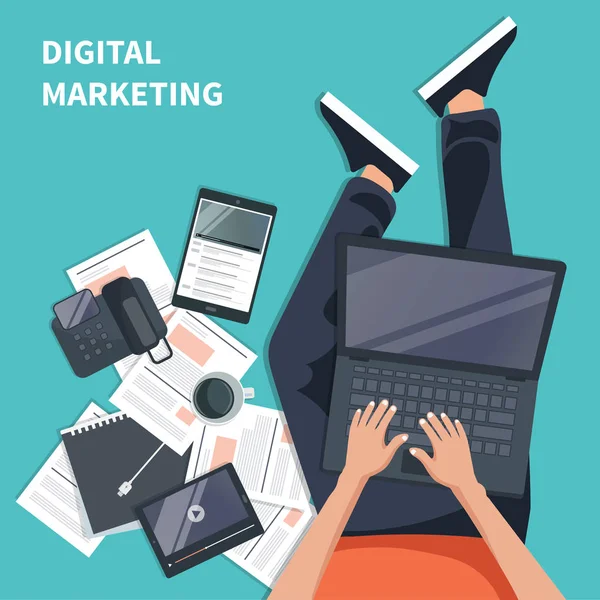 Concepto Marketing Digital Hombre Sentado Suelo Sosteniendo Parte Superior Del — Vector de stock