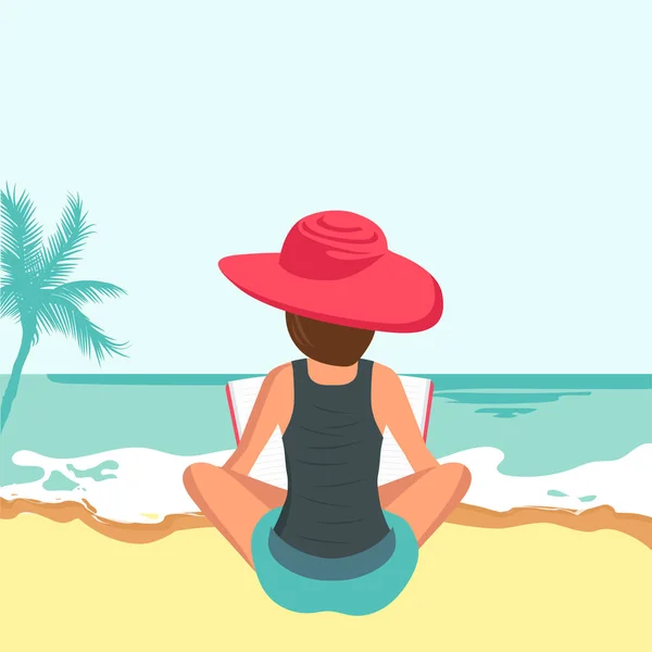 Γυναίκα Κάθεται Στην Παραλία Έννοια Για Διακοπές Διακοπές Και Ταξίδια — Διανυσματικό Αρχείο