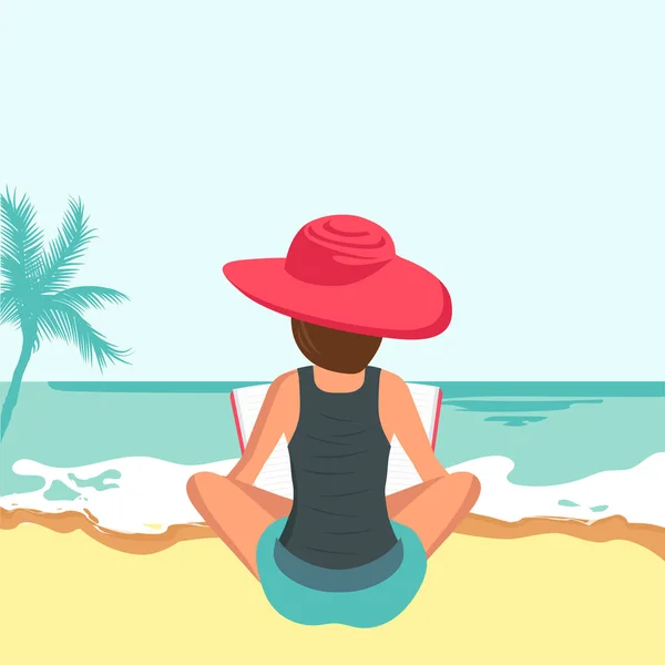 Kumsalda oturan kadın. Tatil, tatil ve seyahat kavramı. Yaz zamanı. Plajda kitap okuyan bir kadın. Düz vektör illüstrasyonu