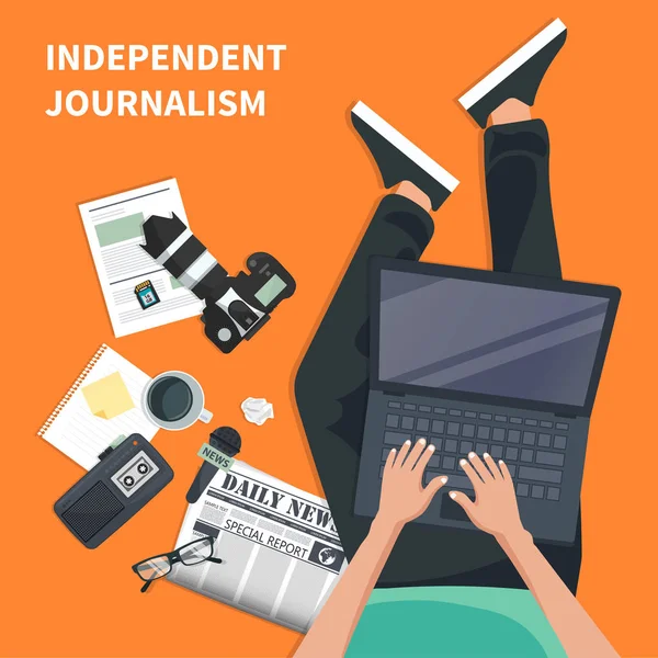 Pancarta Plana Periodismo Independiente Equipo Para Periodista Hombre Sentado Suelo — Vector de stock