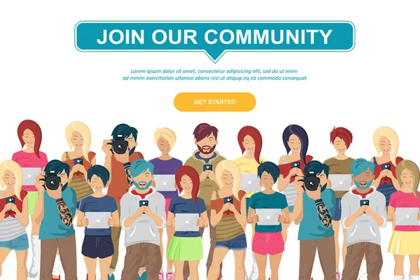コミュニティに参加してください 一緒に立ってビジネスや創造的なコミュニティとして団結した人々の群衆 フラットコンセプトベクトルウェブサイトテンプレートとサミットや会議への招待のランディングページのデザイン — ストックベクタ