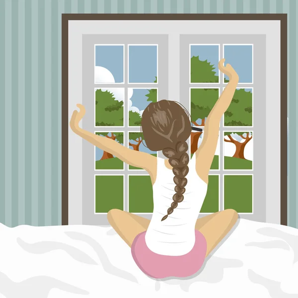 Mujer Estirándose Cama Después Despertar Concepto Para Vacaciones Vacaciones Escenario — Vector de stock