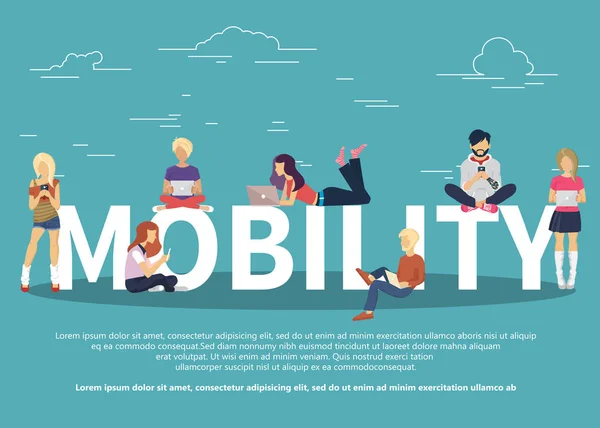 Illustration Vectorielle Concept Mobilité Des Jeunes Utilisant Des Smartphones Mobiles — Image vectorielle