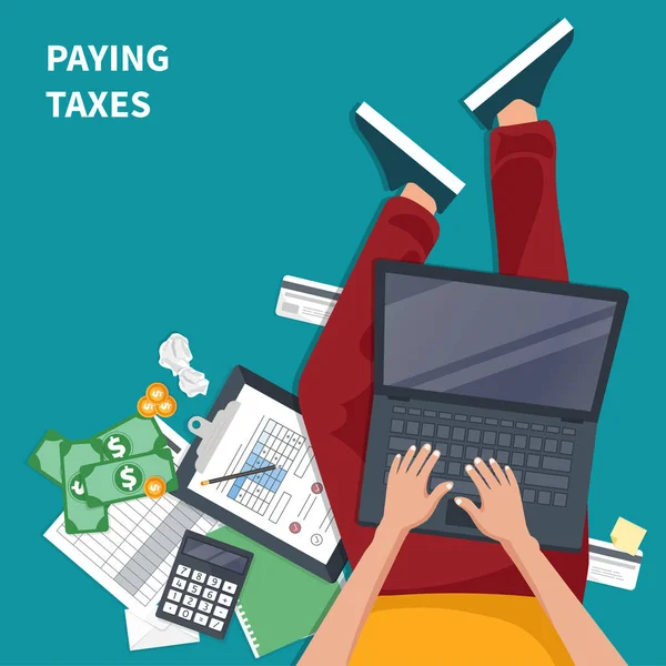 Belastingbetaling Overheid Staatsbelastingen Data Analyse Papierwerk Financieel Onderzoek Rapport Zakenman — Stockvector