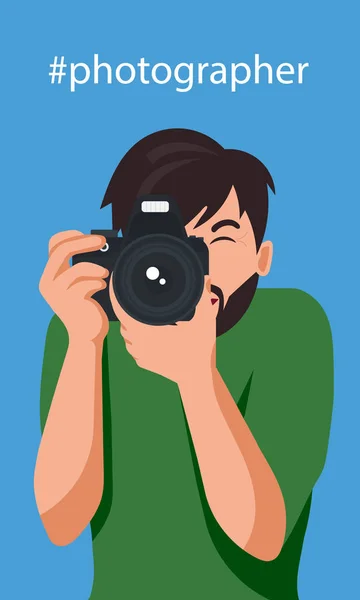 Happy Photographer Taking Photo Hashtag Photographer Concept Flat Vector Illustration — Stock Vector