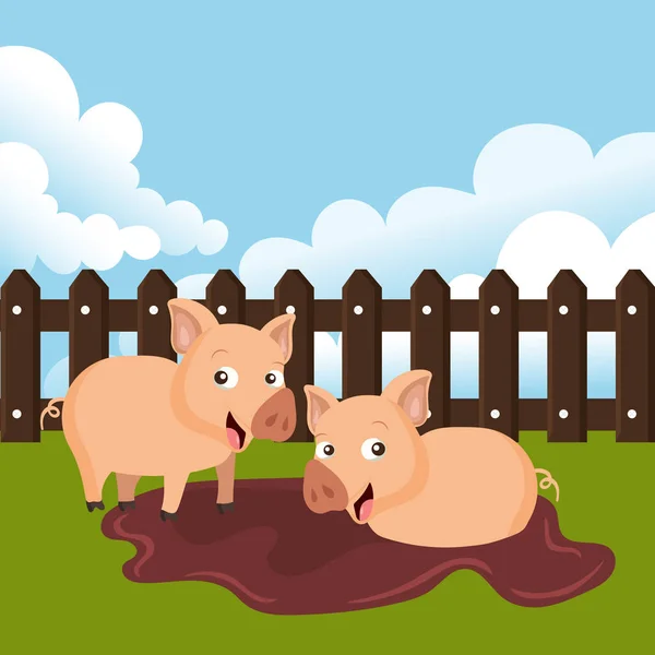 Pigs Farm Scene Concept Animal Farm Flat Vector Illustration — Stock Vector