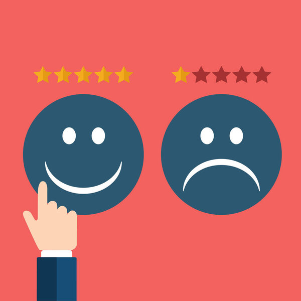 Hand rating on customer service. Two smileys, happy and sad one. Flat vector illustration