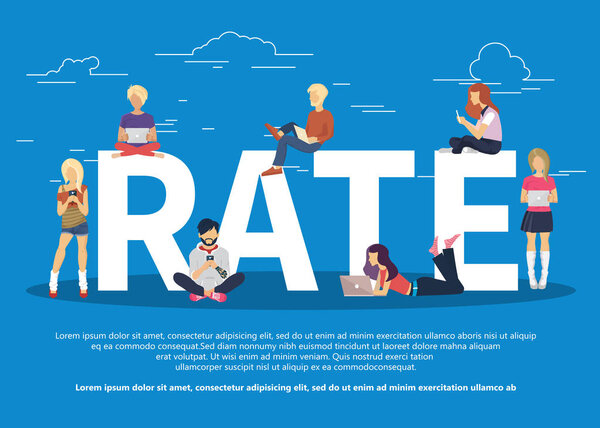 Концепция обратной связи, сообщения отзывов и уведомлений. Люди сидят с ноутбуками и дают отзывы. Оценить понятие с большими буквами. Плоская векторная иллюстрация
