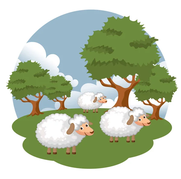 農場のシーンで羊 健康的な生活と食べ物のためのコンセプト オーガニック食品 フラットベクトルイラストレーション — ストックベクタ