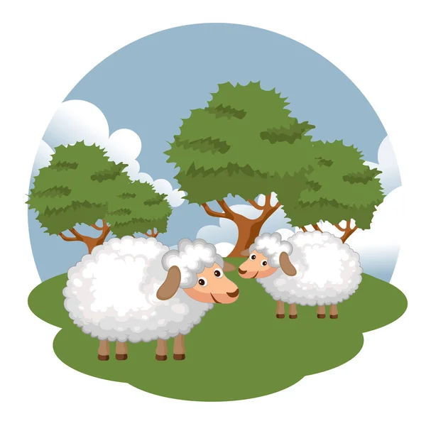 Sheep in the farm scene. Concept for nature, country and healthy life and food. Organic food. Flat vector illustration