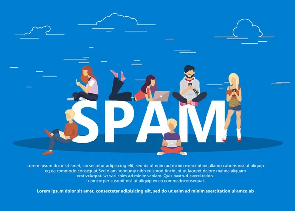 Concepto Spam Ilustración Vectorial Plana Hombres Mujeres Jóvenes Que Reciben — Vector de stock