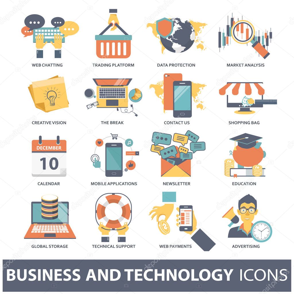 Colorful icon set of business, technology, finances and education for websites and mobile applications. Flat vector illustration