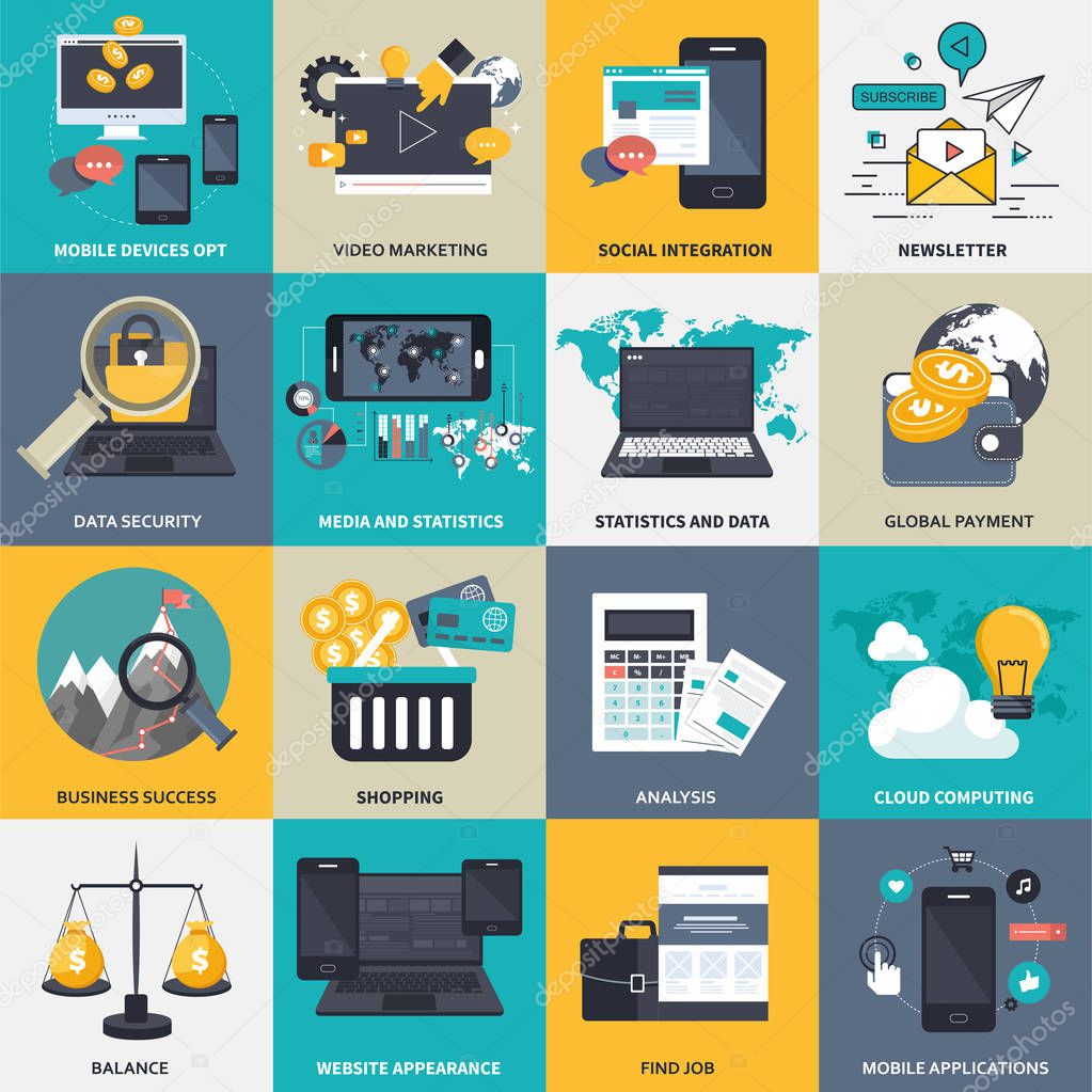 Business, management and technology icon set for websites and mobile applications. Flat vector illustration