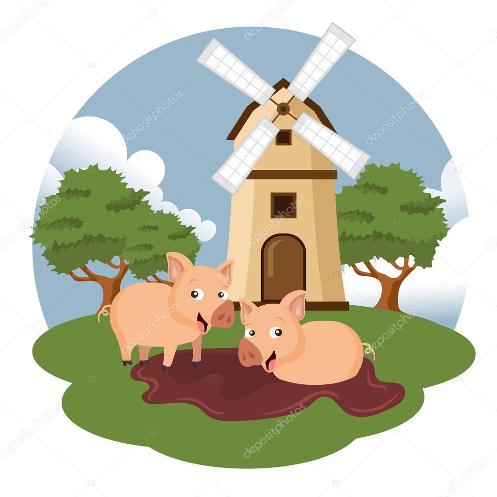 Pigs in the farm scene. Concept for animal farm. Flat vector illustration