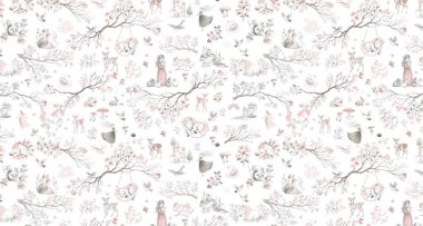 Romantik bir dünyada, fantezi yaratıklarla ve güzel manzaralarla dolu kusursuz bir düzen. Çocuk yatağı, duvar süsü, duvar kağıdı ve tekstil baskısı için çok uygun..