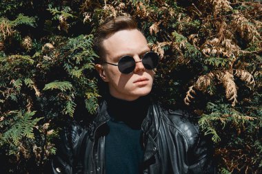 çalılar, arka planda gözlüklü adam yüzü