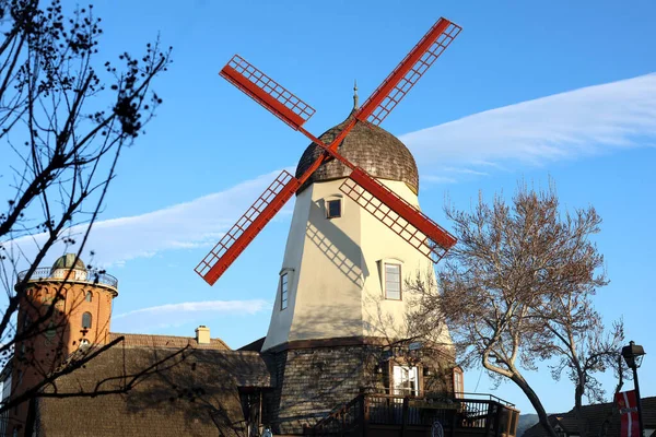 Solvang, California, on June 1, 2025: A City Inspired by Danish Culture Featuring a Windmill for Wind Energy. Tourists Gather at Local Bakeries and Wineries in This Danish Hub of Southern California