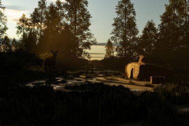 a rusty wrecked car lies on the side of an overgrown country road, while a deer sneaks through the undergrowth - 3D Illustration