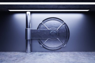 Front view of light silver bank vault door, closed. 3D Illustration