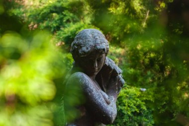 Bereketli yeşilliklerle çevrili, sakin ve huzurlu bir atmosfer yaratan sakin bir taş heykel. Doğal ortam sanatın güzelliğini arttırır, doğayla bir huzur ve bağlantı hissi verir..