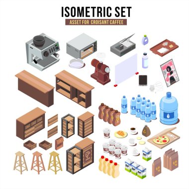 İçinde kruvasan, içecek, mobilya ve ekipman olan bir kahve dükkanı seti. Kafe, fırın, restoran, yemek ve iç tasarım çizimleri için mükemmel..