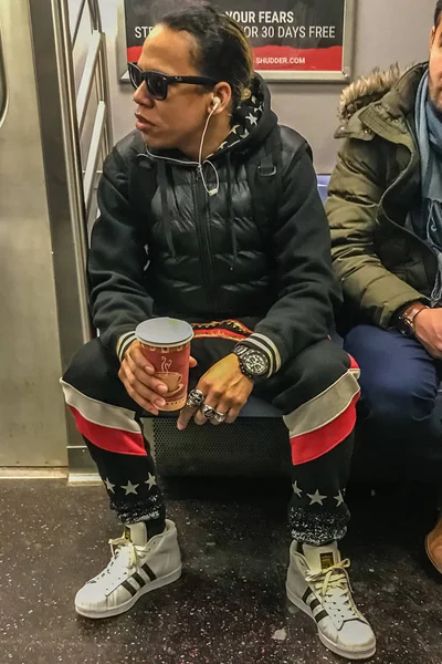 Manhattan, NY US - March 8, 2018 interesting person in a subway car — Stock Photo, Image